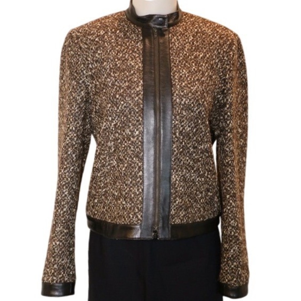 JONES NEW YORK Women's‎ Tweed Leather Trim Jacket Black Brown Size 6